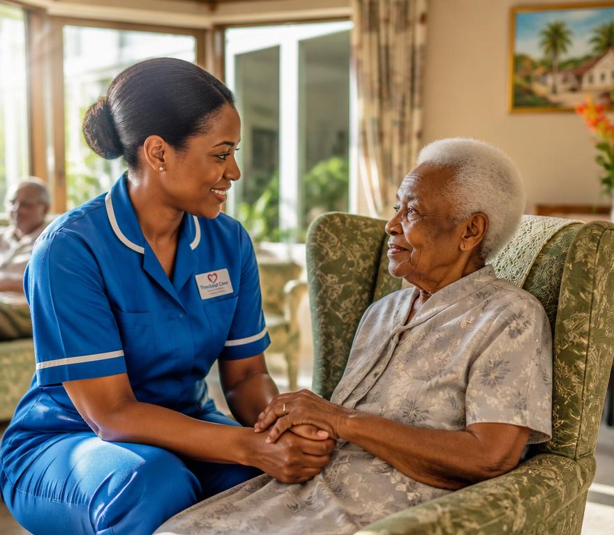 Caregiver holding hands with a resident